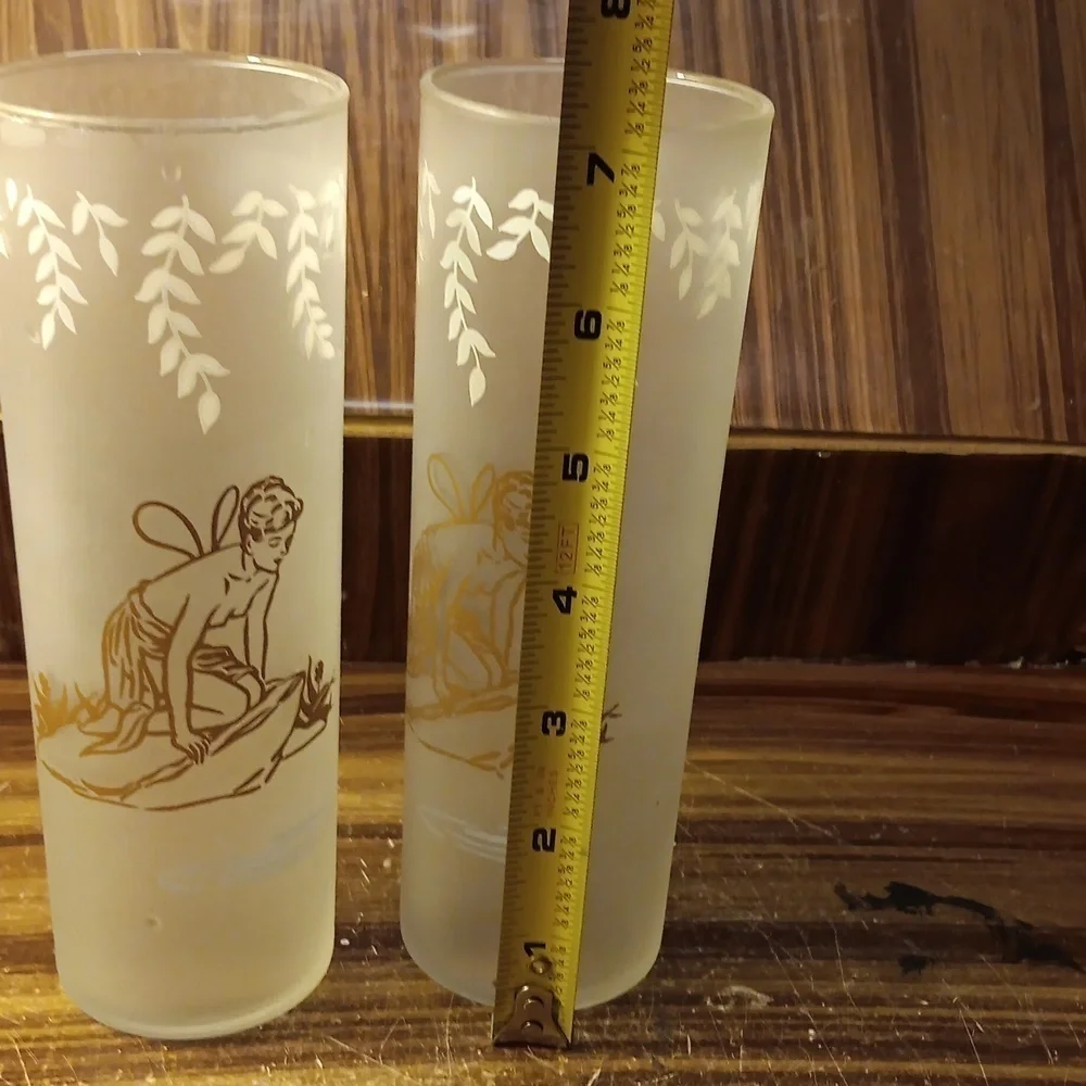 Vintage Libbey White Rocks tall frost nymph fairy highball barware glasses